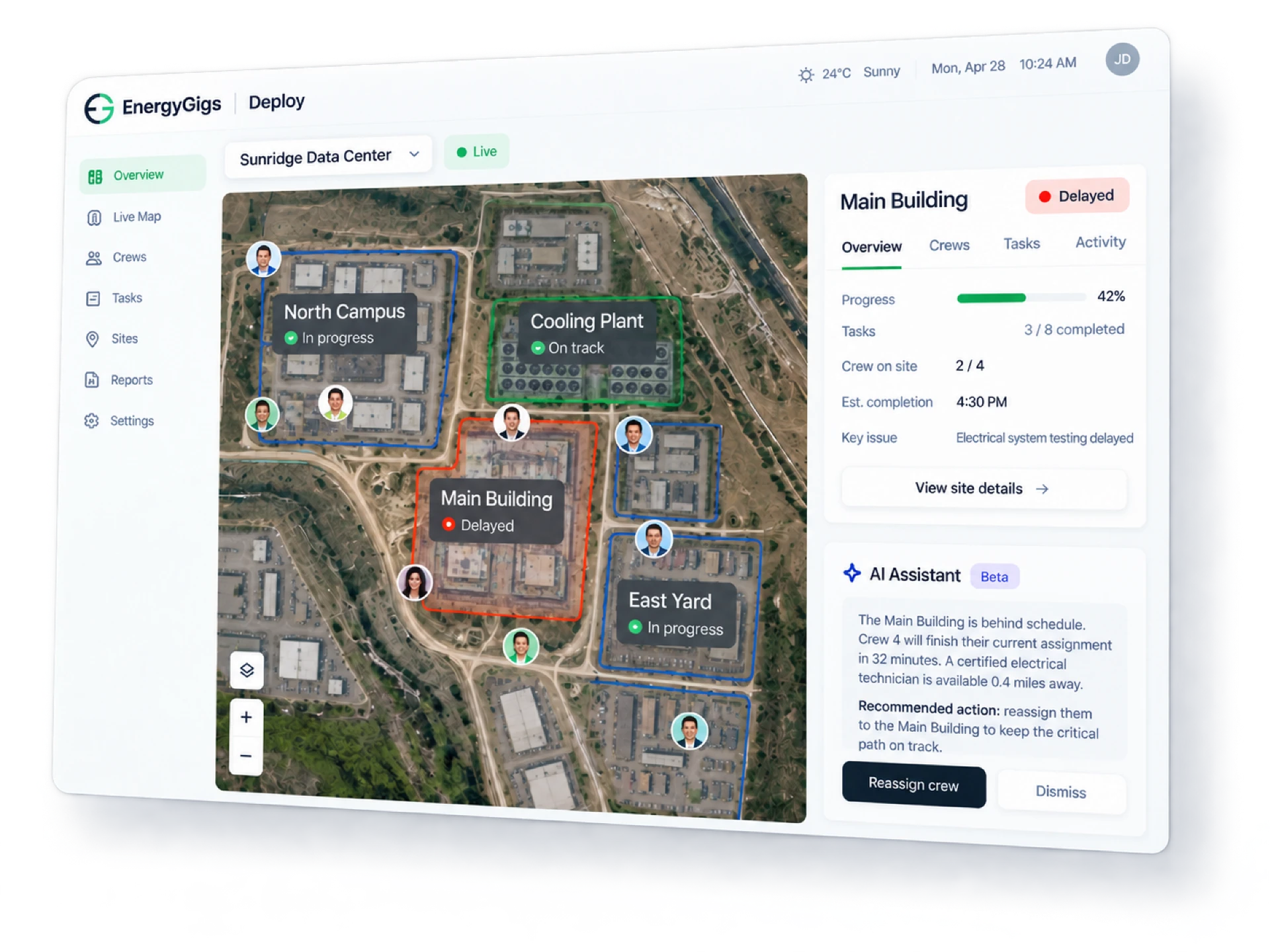 EnergyGigs Deploy live site operations dashboard showing a data center site map, crews, zone progress, and an AI recommendation