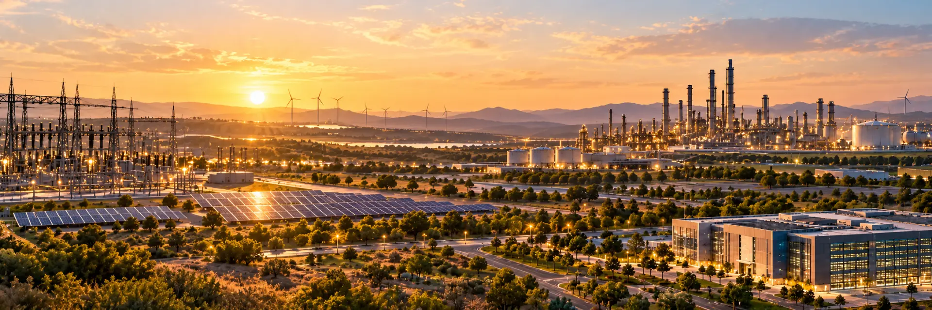 Energy infrastructure panorama at golden hour with solar panels, wind turbines, power substation and refinery