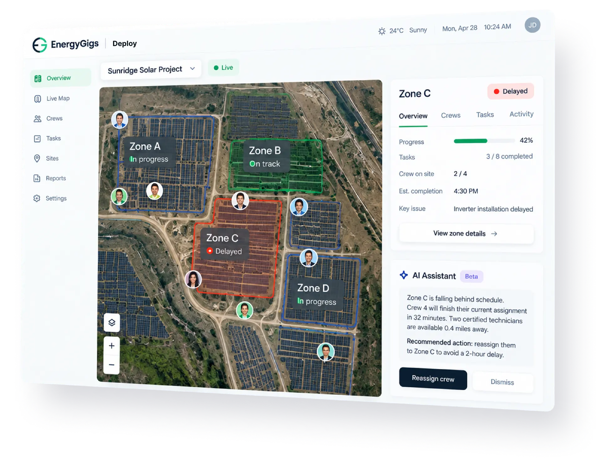 EnergyGigs Deploy live site operations dashboard showing a solar project site map, zones, crews, and an AI recommendation