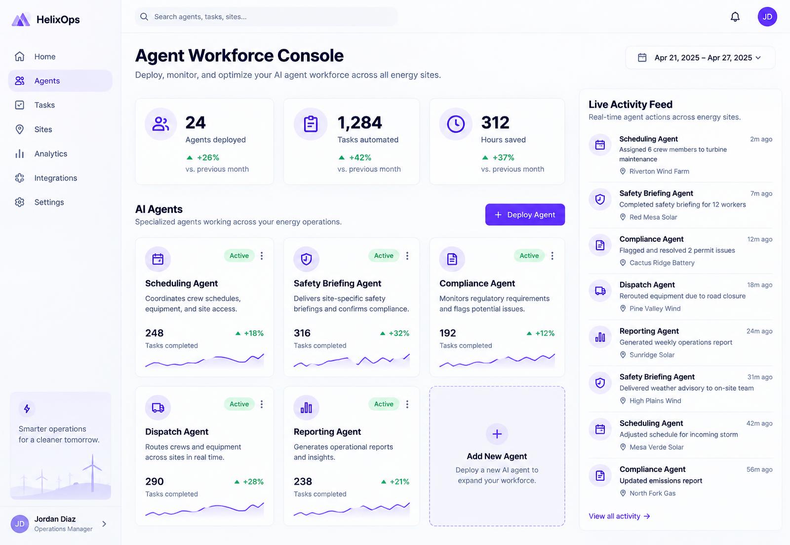 Agent Workforce Console showing deployed AI agents, automated tasks, and a live activity feed across energy sites