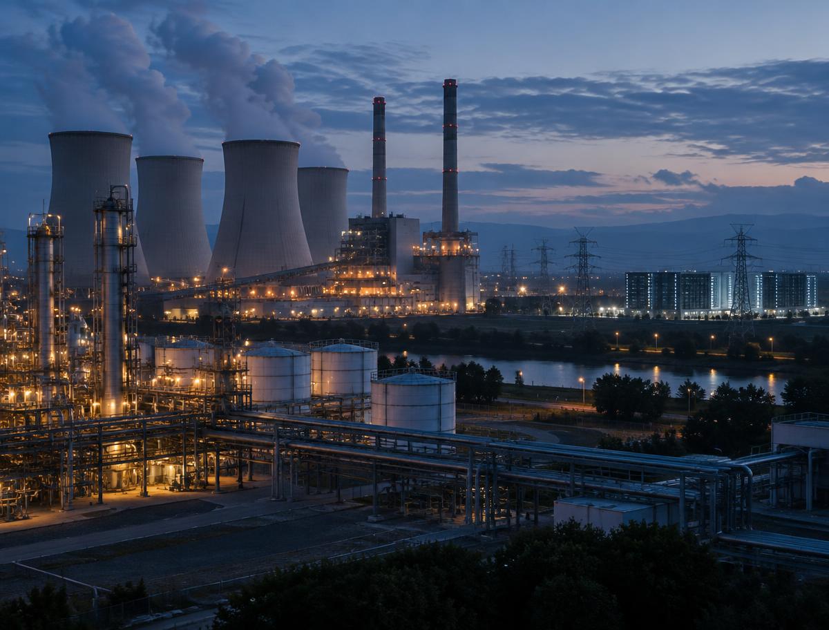Industrial power generation and refinery infrastructure at dusk